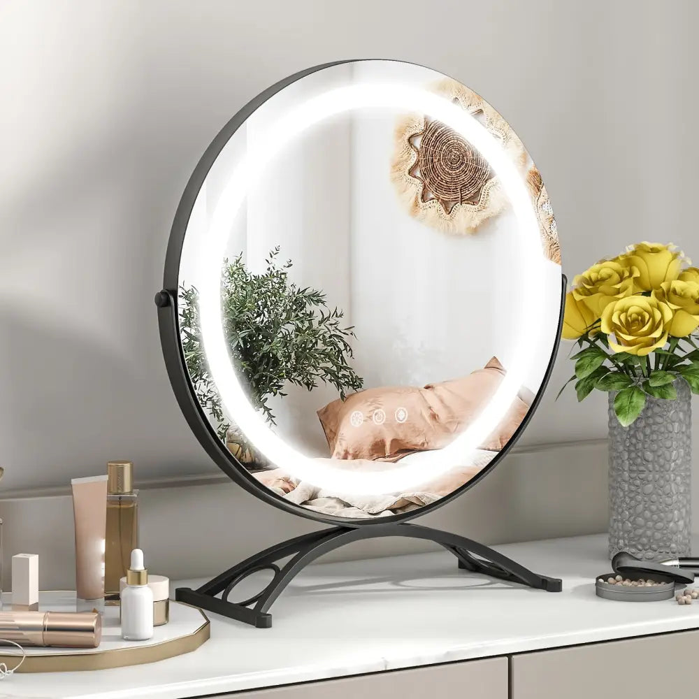 16 x 16 Inch Round LED Vanity Mirror with 3-Color Lighting and Brightness Dimming-Black - Black - Makeup Vanities