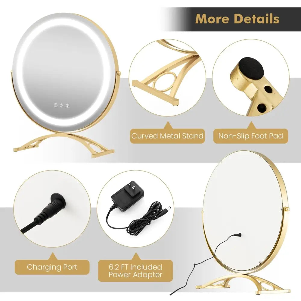 16 x 16 Inch Round LED Vanity Mirror with 3-Color Lighting and Brightness Dimming-Golden Costway