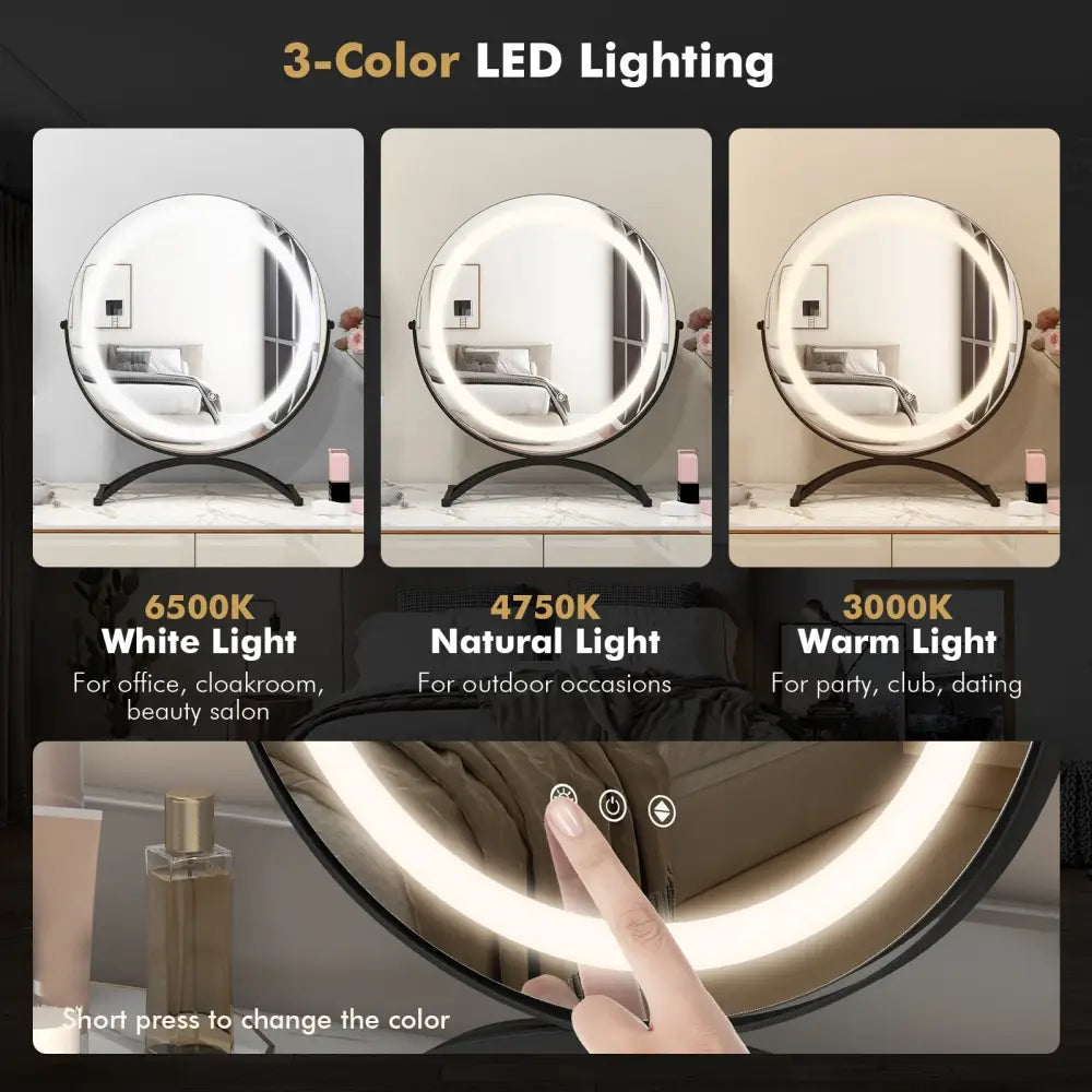 16 x 16 Inch Round LED Vanity Mirror with 3-Color Lighting and Brightness Dimming-Black - Black - Makeup Vanities