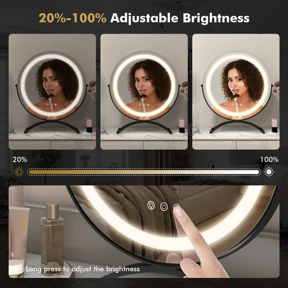16 x 16 Inch Round LED Vanity Mirror with 3-Color Lighting and Brightness Dimming-Black - Black - Makeup Vanities
