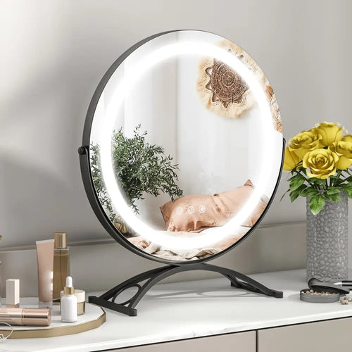 16 x 16 Inch Round LED Vanity Mirror with 3-Color Lighting and Brightness Dimming-Black - Black - Makeup Vanities