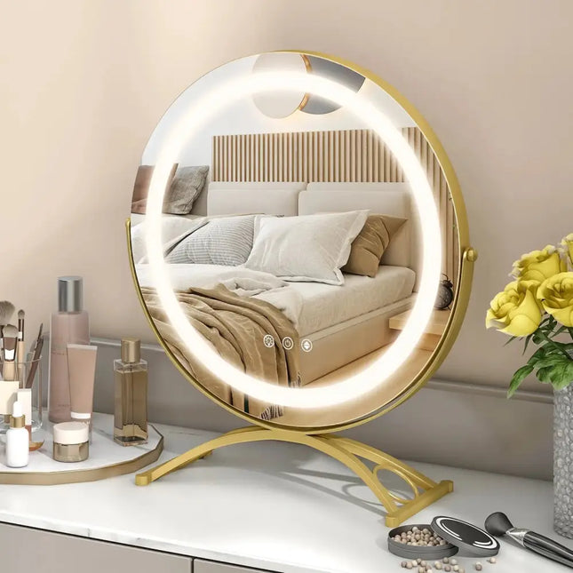 16 x 16 Inch Round LED Vanity Mirror with 3-Color Lighting and Brightness Dimming-Golden Costway