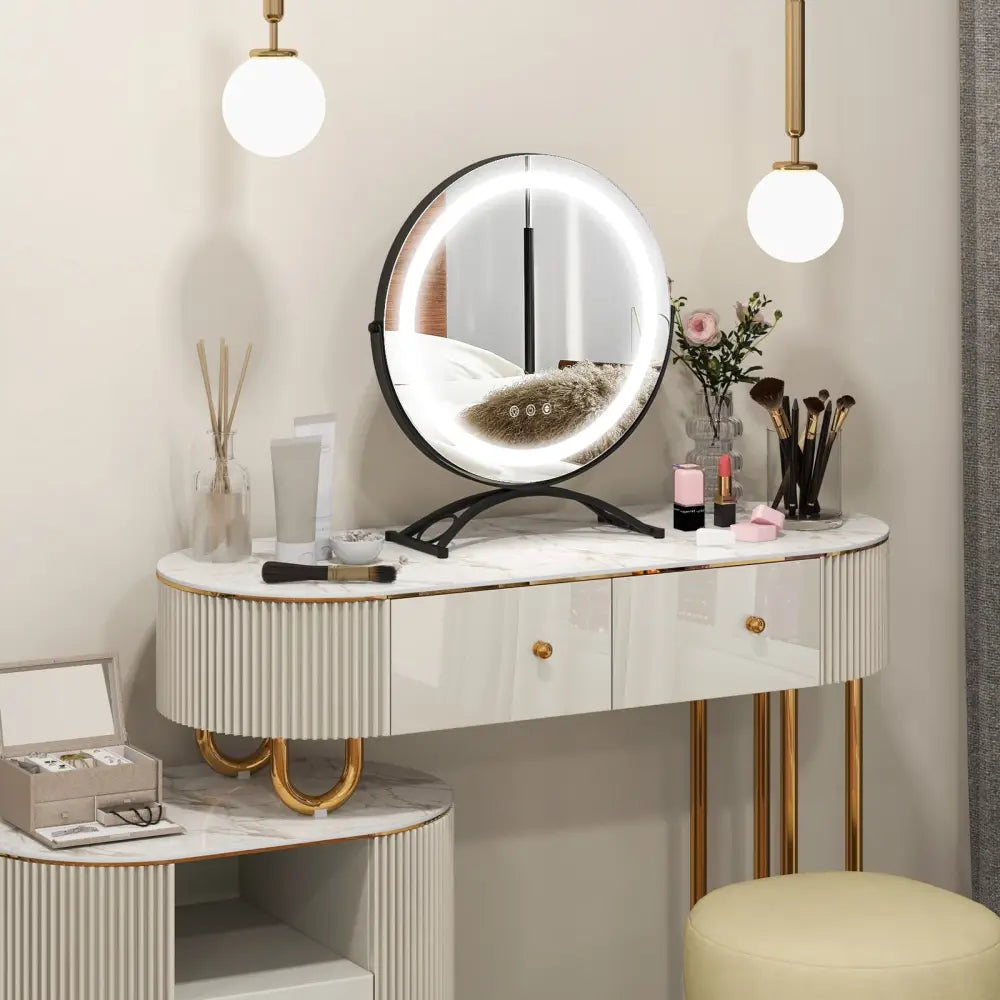16 x 16 Inch Round LED Vanity Mirror with 3-Color Lighting and Brightness Dimming-Black - Black - Makeup Vanities