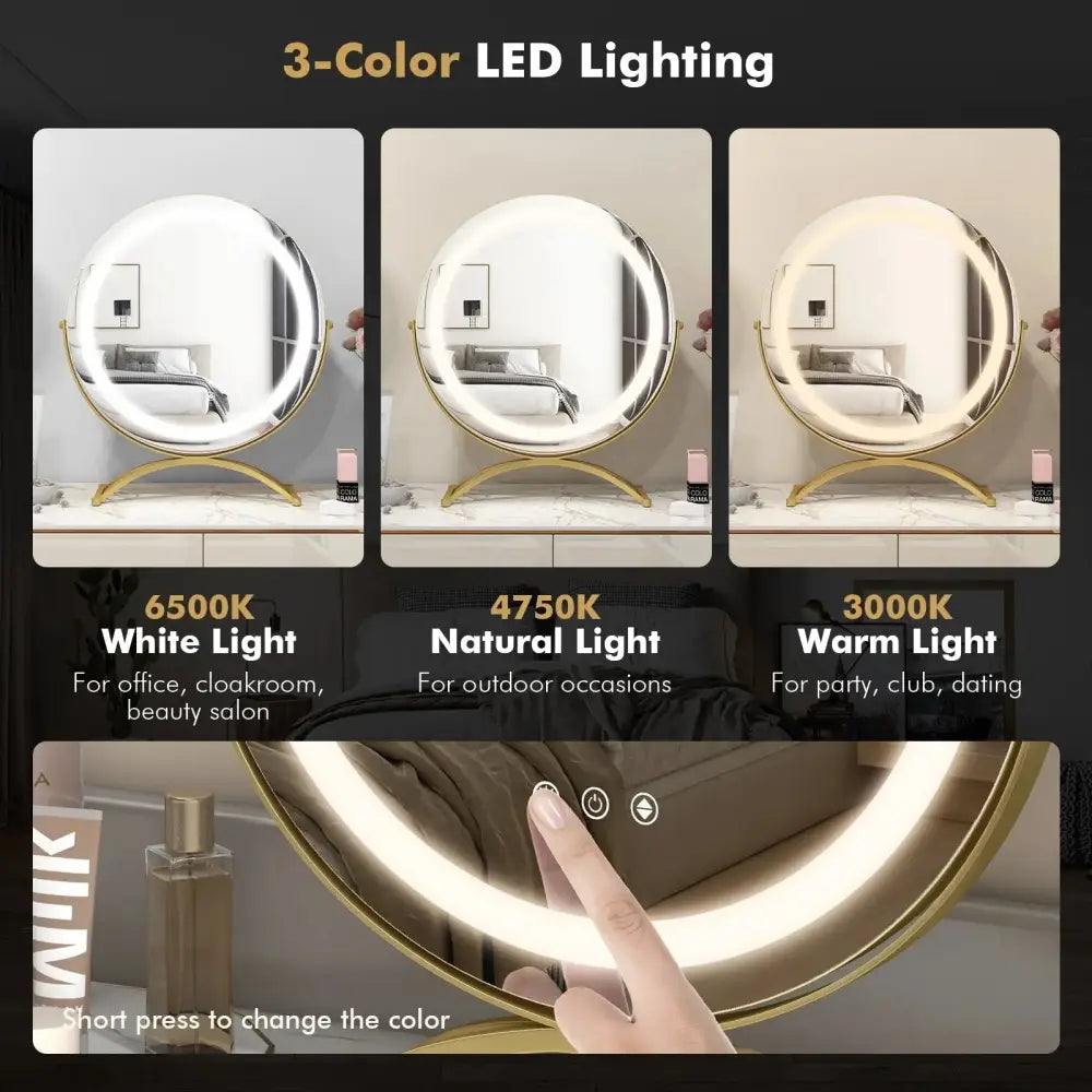 16 x 16 Inch Round LED Vanity Mirror with 3-Color Lighting and Brightness Dimming-Golden Costway