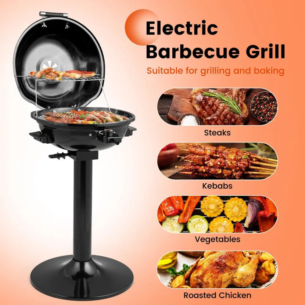 1600W Electric BBQ Grill with Removable Non-Stick Warming Rack-Black - Black - Outdoor