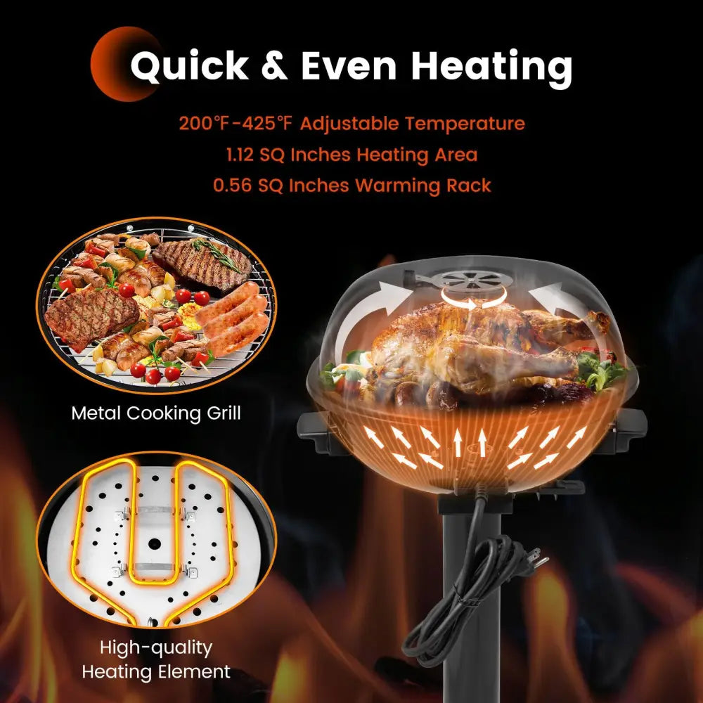1600W Electric BBQ Grill with Removable Non-Stick Warming Rack-Black - Black - Outdoor