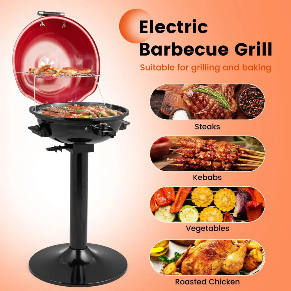 1600W Electric BBQ Grill with Removable Non-Stick Warming Rack-Red - Red - Outdoor