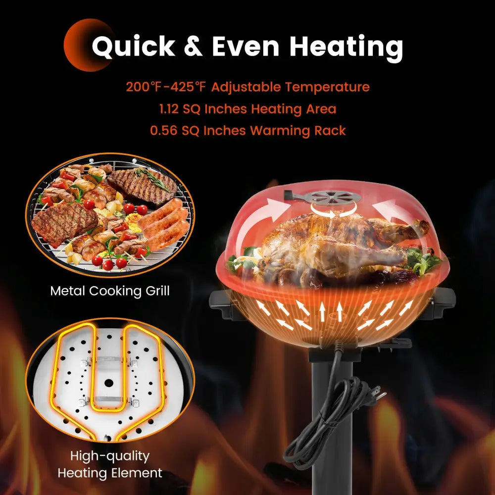 1600W Electric BBQ Grill with Removable Non-Stick Warming Rack-Red - Red - Outdoor