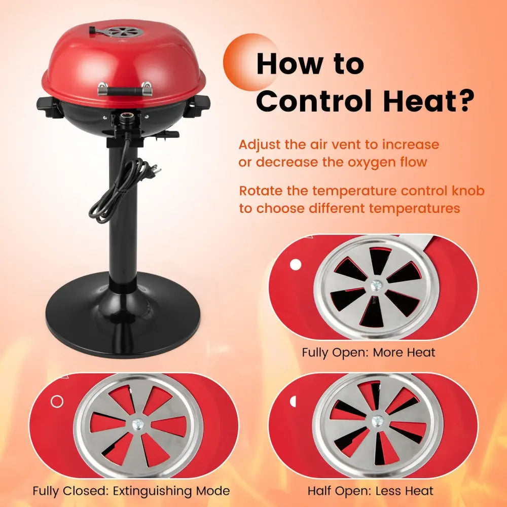 1600W Electric BBQ Grill with Removable Non-Stick Warming Rack-Red - Red - Outdoor