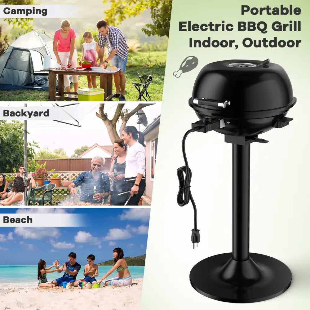 1600W Portable Electric BBQ Grill with Removable Non-Stick Rack-Black - Black - Outdoor Grills