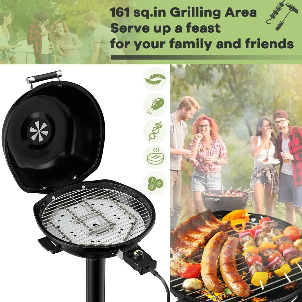 1600W Portable Electric BBQ Grill with Removable Non-Stick Rack-Black - Black - Outdoor Grills