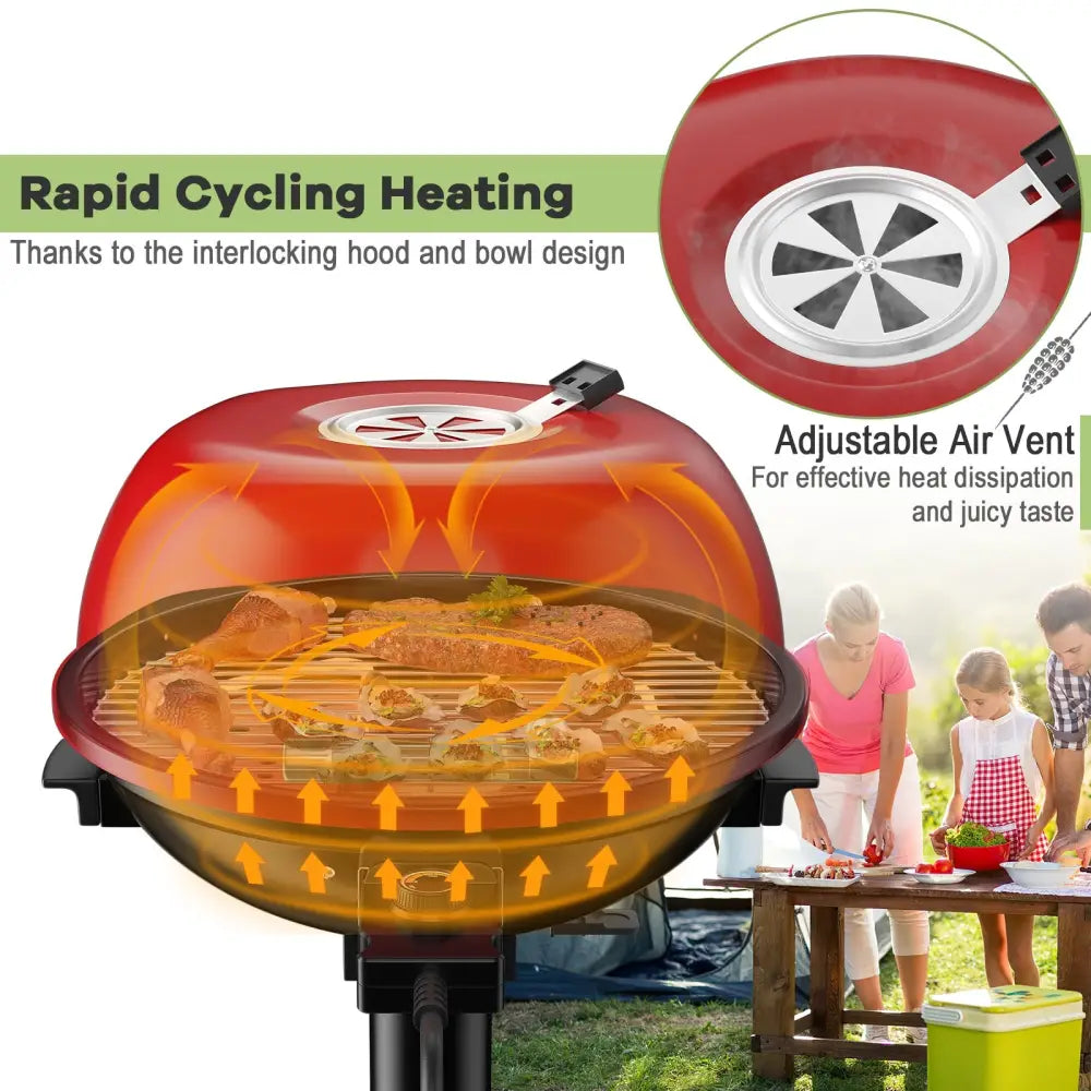 1600W Portable Electric BBQ Grill with Removable Non-Stick Rack-Black & Red - Black & Red - Outdoor Grills