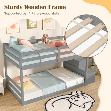 Twin Over Twin Low Bunk Bed with Storage Stairs Solid Wood Floor Bunk Bed Frame-Gray
