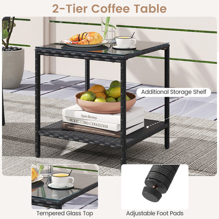 3 Piece Patio Furniture Set with Seat Cushions and Tempered Glass Tabletop-Beige
