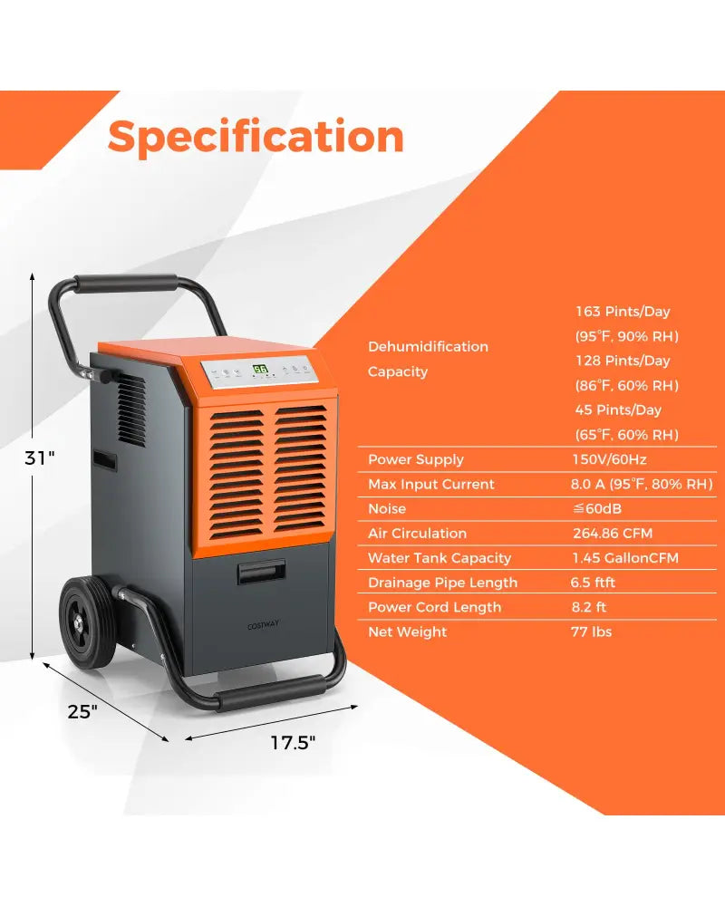 163 Pints Commercial Dehumidifier with Drain Hose and 24H Timer-Gray - Gray - Dehumidifiers