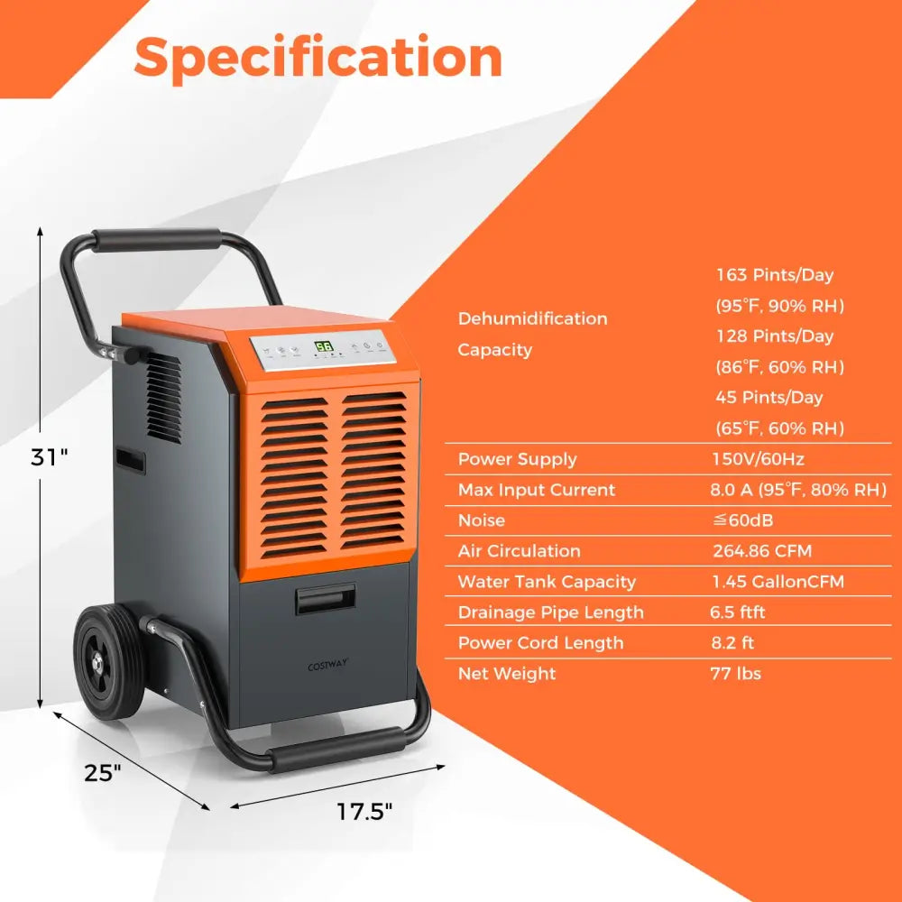 163 Pints Commercial Dehumidifier with Drain Hose and 24H Timer-Gray - Gray - Dehumidifiers