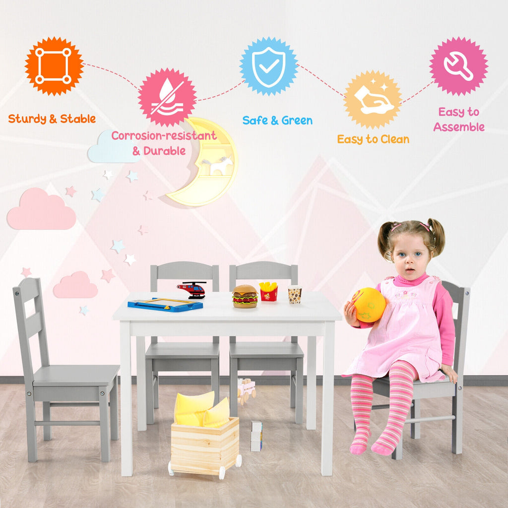 Kids 5 Piece Table and Chair Set Wooden Children Activity Playroom Furniture Gift-White