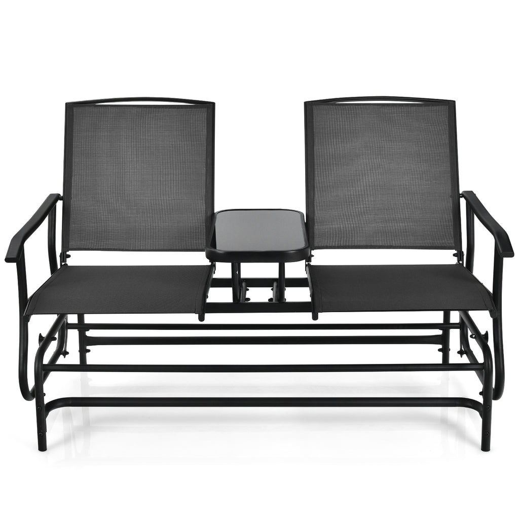 Causeuse double à bascule pour 2 personnes avec tissu maillé et table centrale en verre trempé - Noir