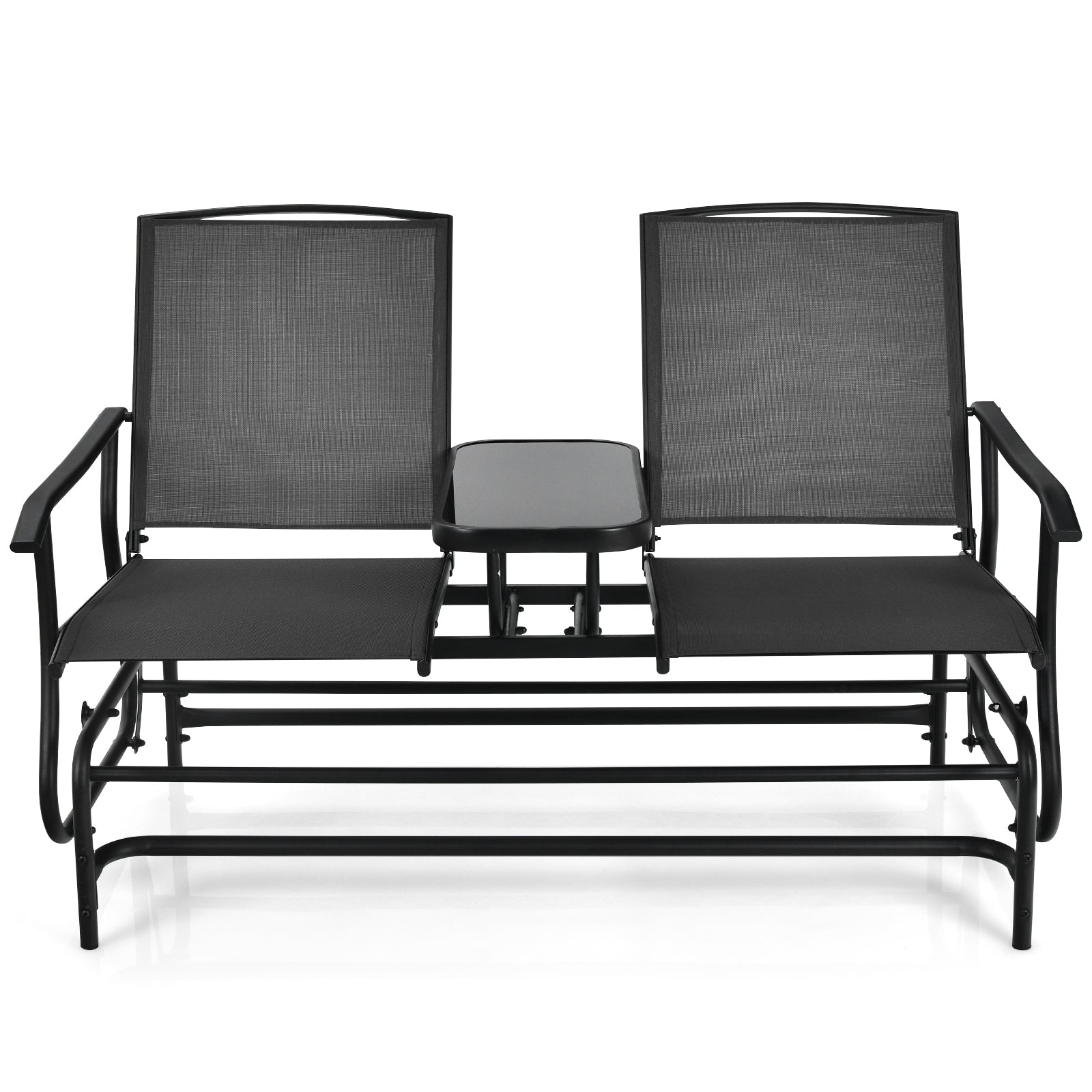Causeuse double à bascule pour 2 personnes avec tissu maillé et table centrale en verre trempé - Noir