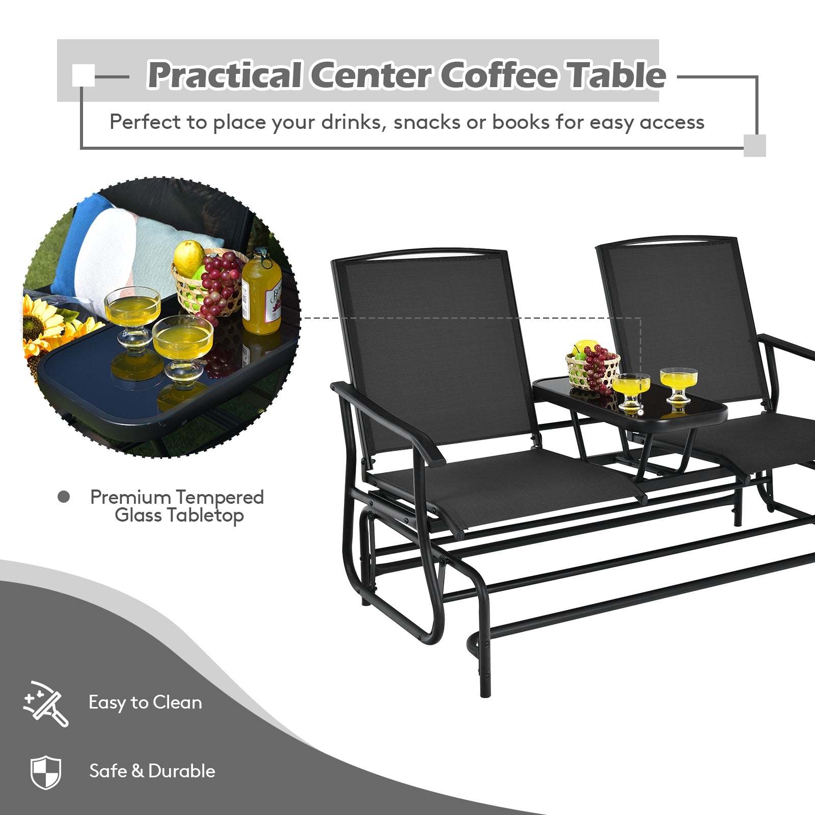 Causeuse double à bascule pour 2 personnes avec tissu maillé et table centrale en verre trempé - Noir