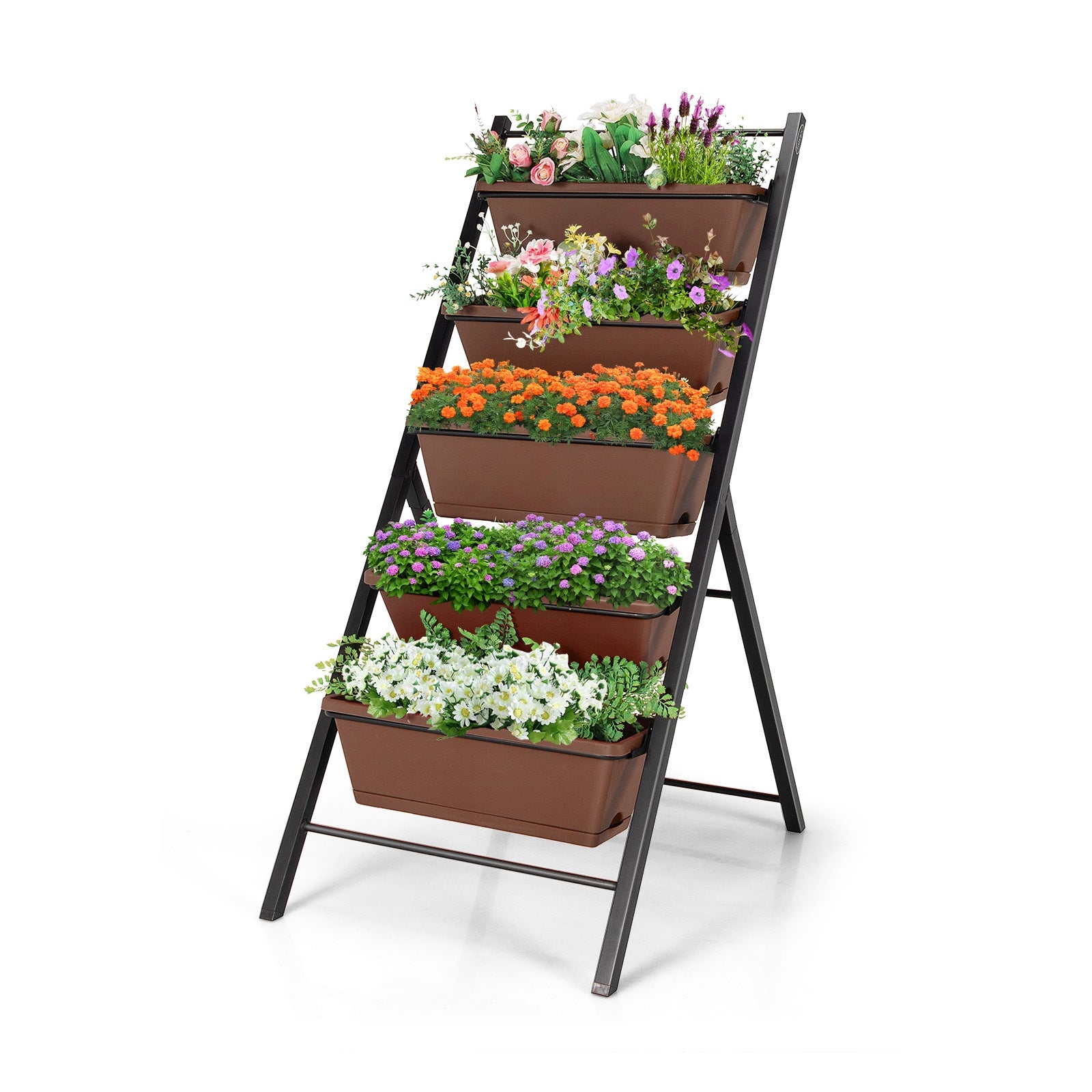 Jardinière verticale à 5 niveaux avec bac surélevé et 5 compartiments – Marron
