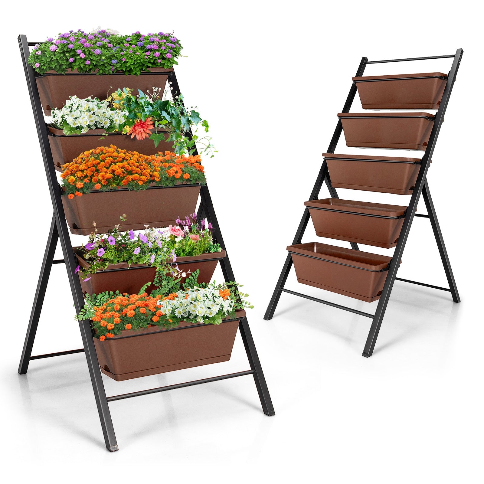 Jardinière verticale à 5 niveaux avec bac surélevé et 5 compartiments – Marron