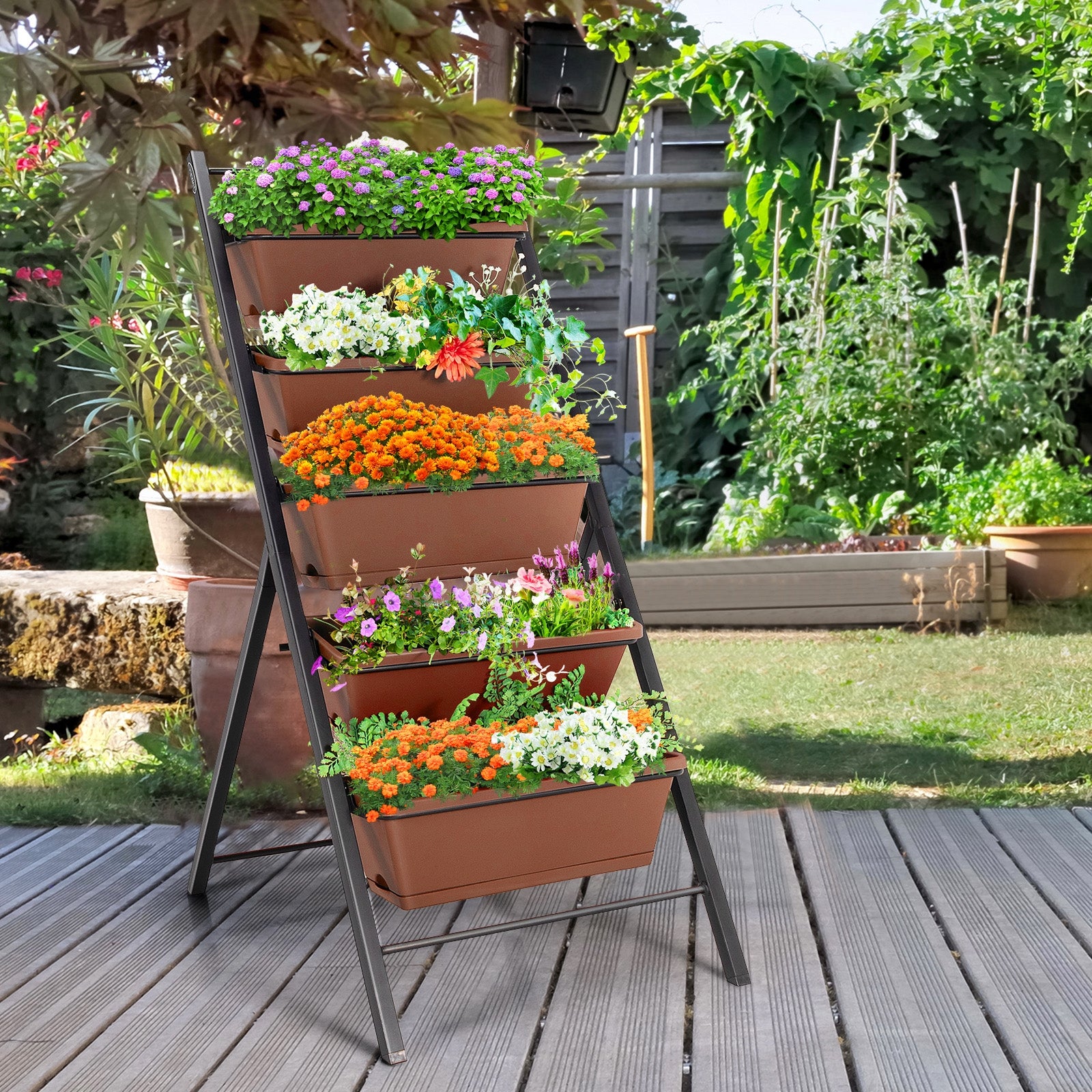 Jardinière verticale à 5 niveaux avec bac surélevé et 5 compartiments – Marron