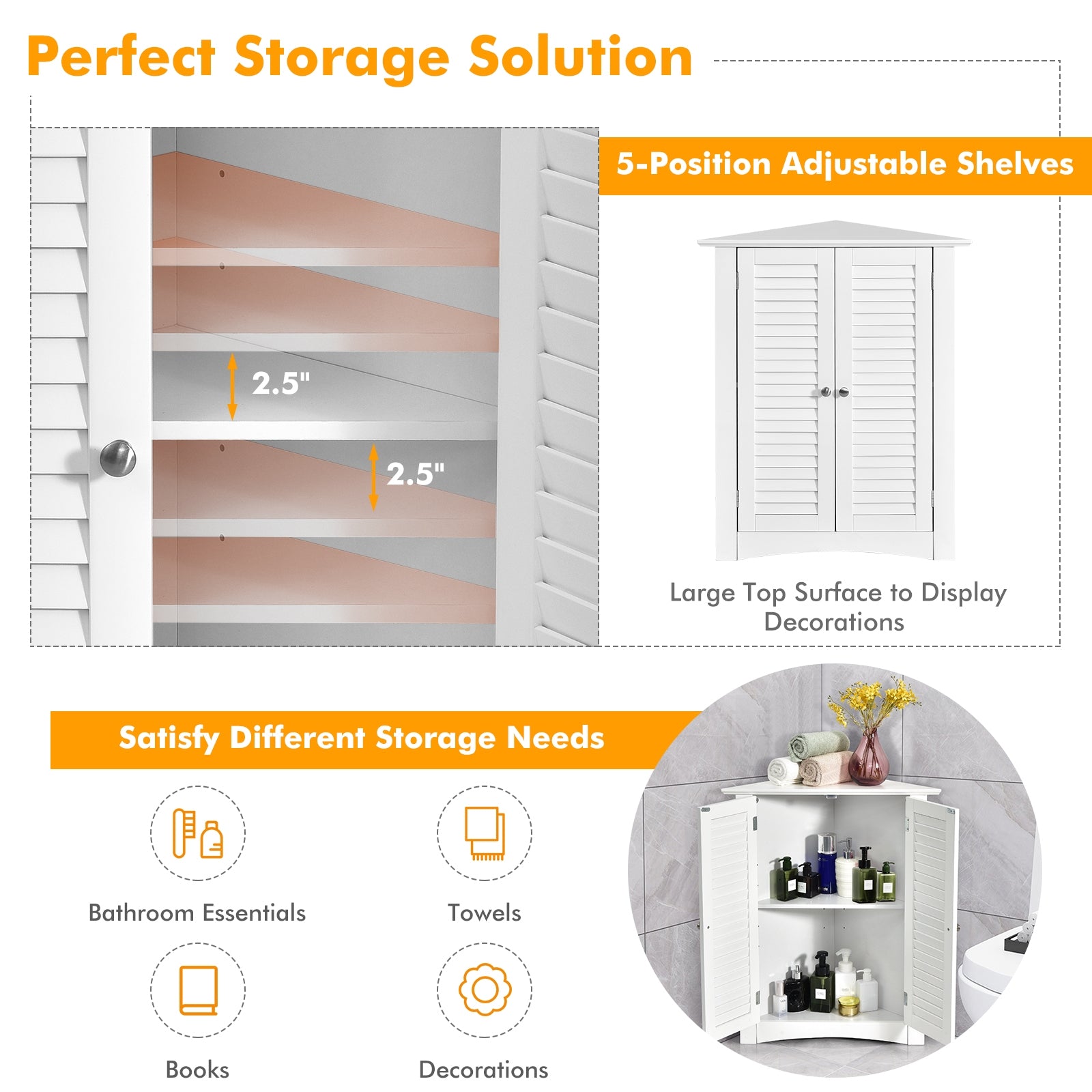 Bathroom Corner Storage Freestanding Floor Cabinet with Shutter Door-White