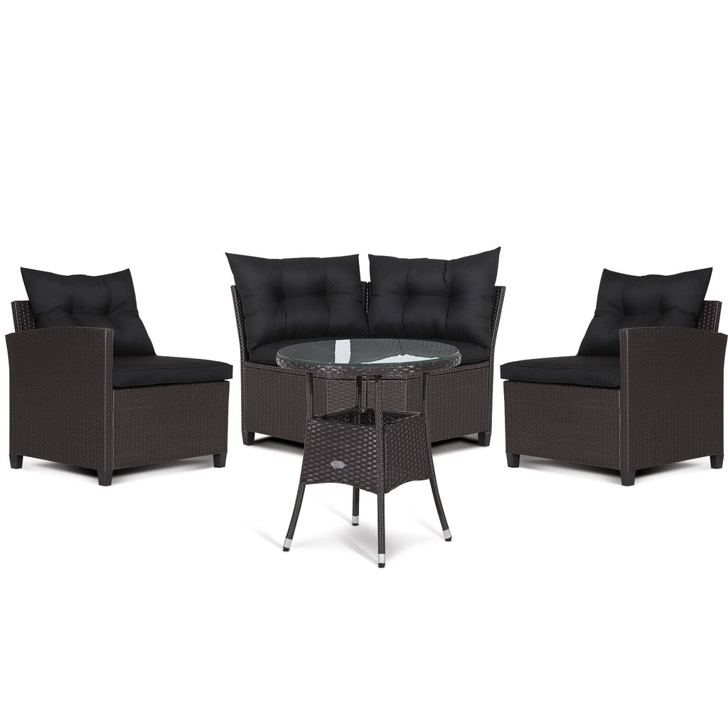 Ensemble de 4 meubles de patio en rotin avec canapé rembourré et table en verre – Noir