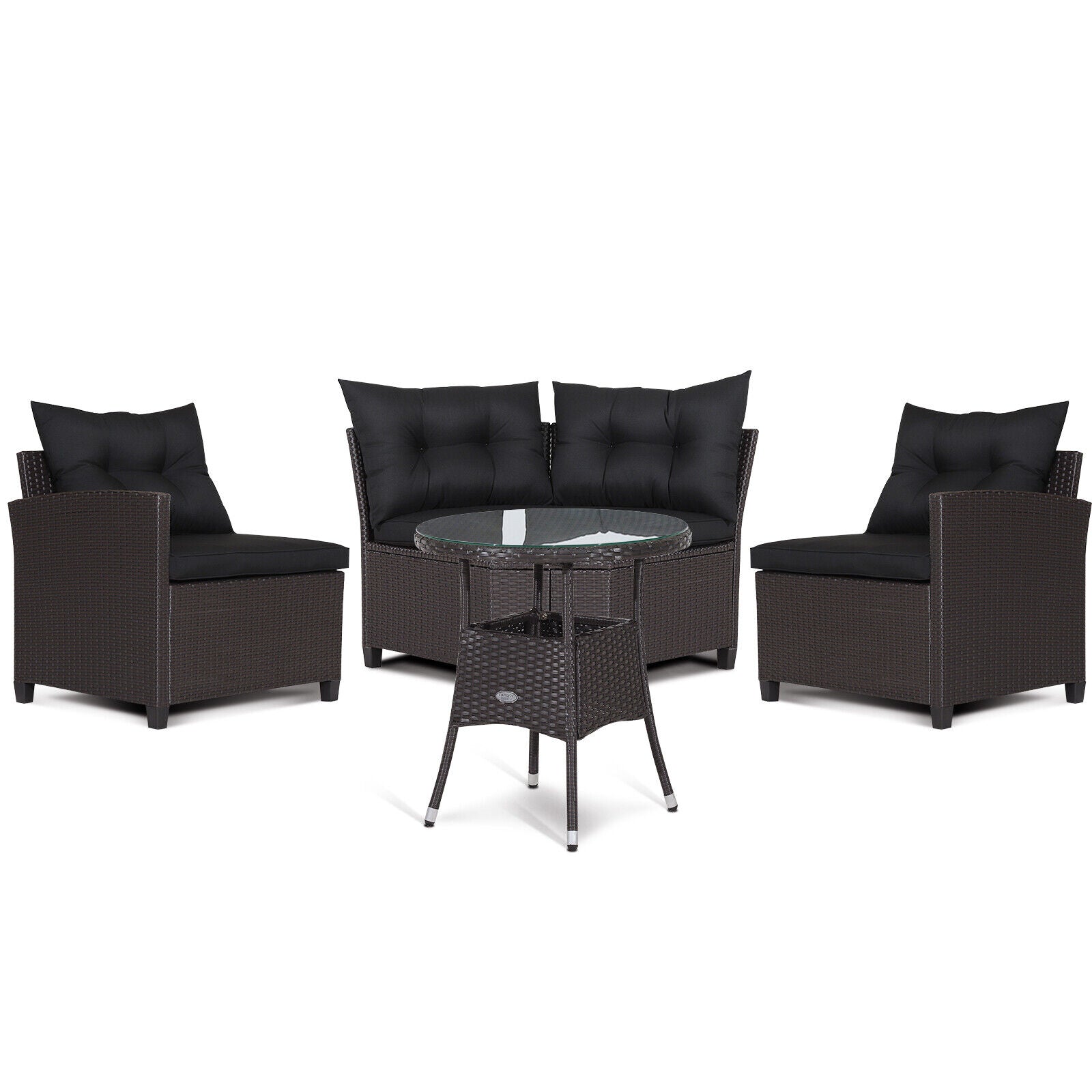 Ensemble de 4 meubles de patio en rotin avec canapé rembourré et table en verre – Noir