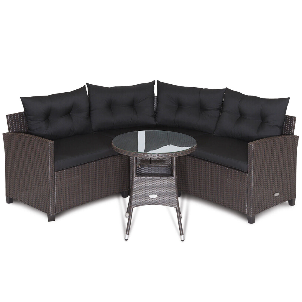 Ensemble de 4 meubles de patio en rotin avec canapé rembourré et table en verre – Noir