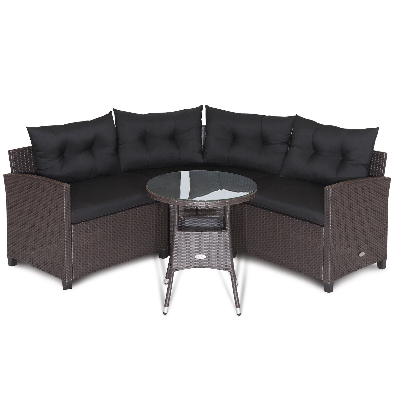 Ensemble de 4 meubles de patio en rotin avec canapé rembourré et table en verre – Noir