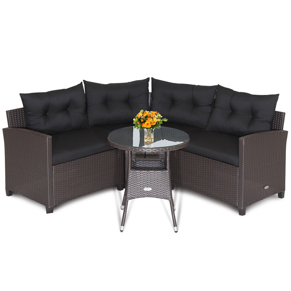 Ensemble de 4 meubles de patio en rotin avec canapé rembourré et table en verre – Noir