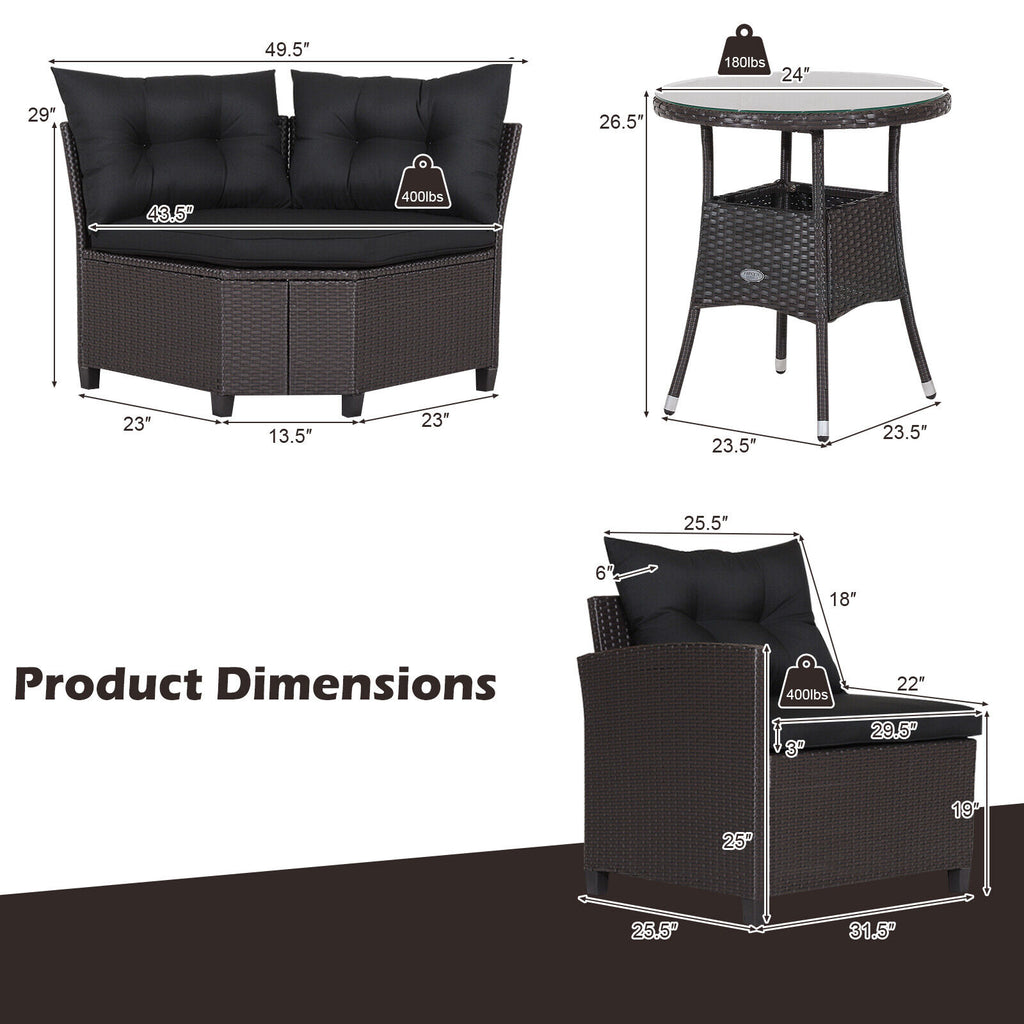 Ensemble de 4 meubles de patio en rotin avec canapé rembourré et table en verre – Noir