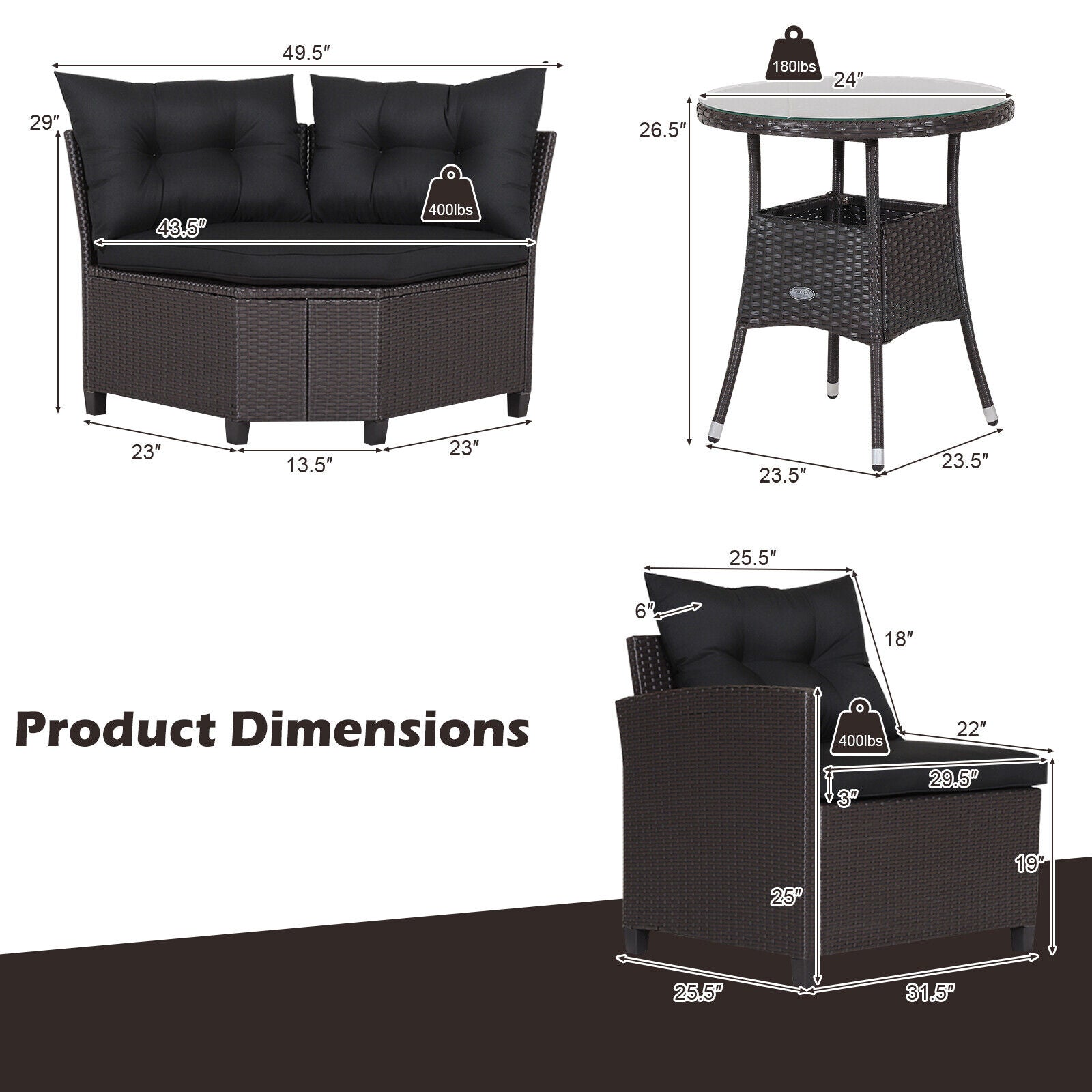 Ensemble de 4 meubles de patio en rotin avec canapé rembourré et table en verre – Noir