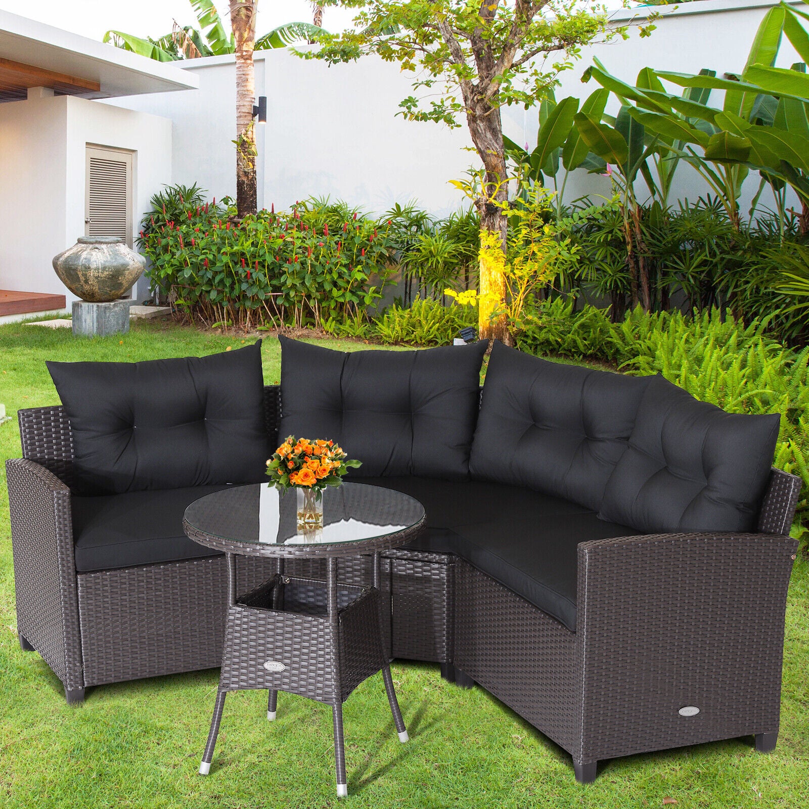 Ensemble de 4 meubles de patio en rotin avec canapé rembourré et table en verre – Noir