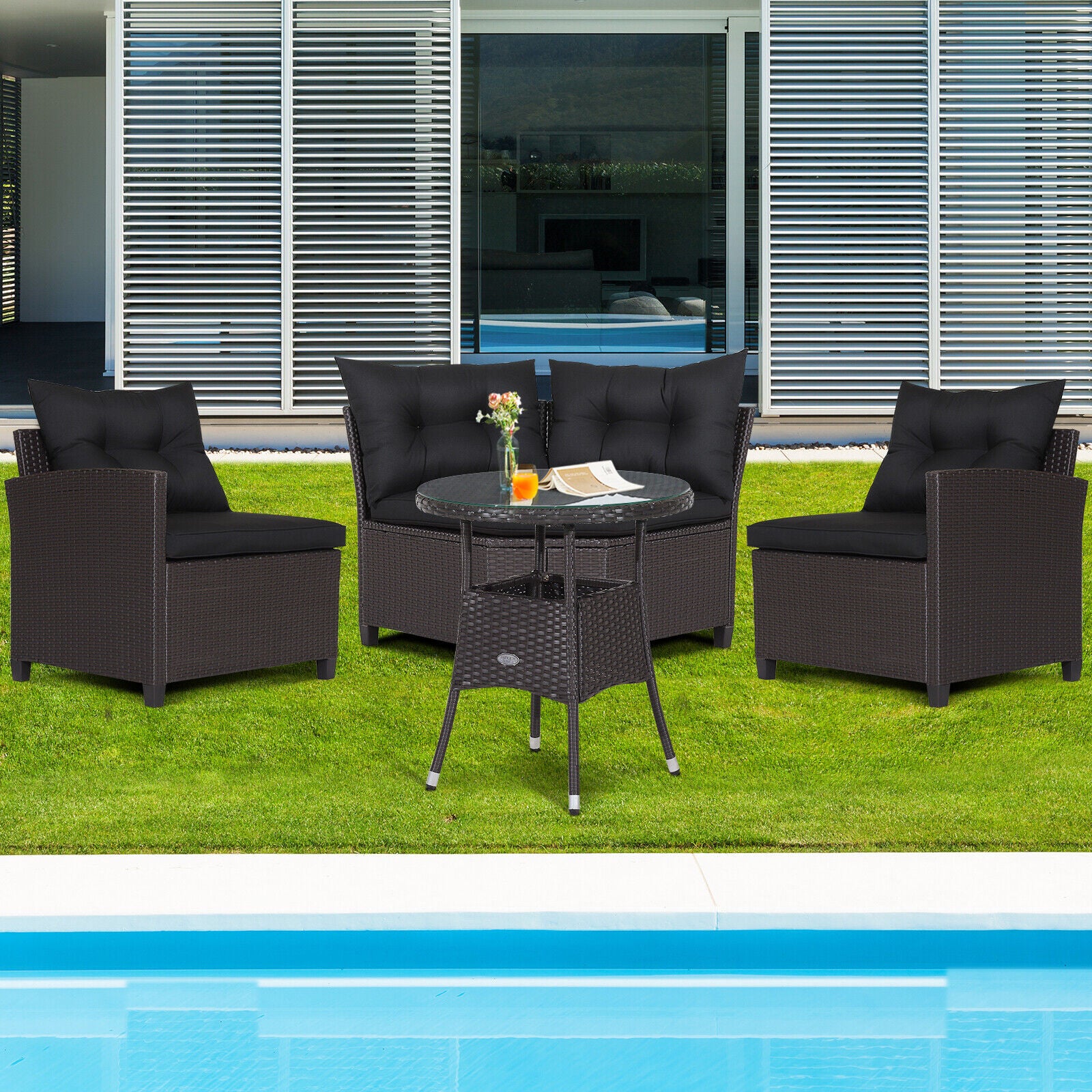 Ensemble de 4 meubles de patio en rotin avec canapé rembourré et table en verre – Noir