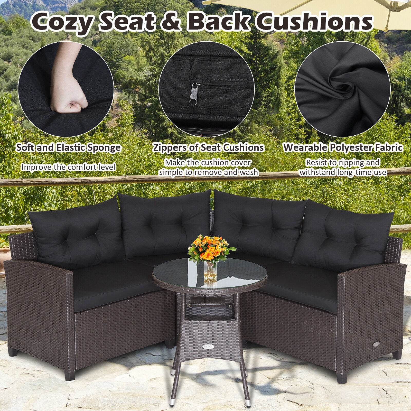Ensemble de 4 meubles de patio en rotin avec canapé rembourré et table en verre – Noir