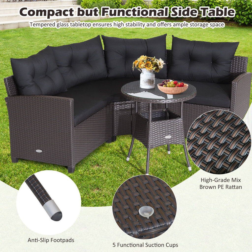 Ensemble de 4 meubles de patio en rotin avec canapé rembourré et table en verre – Noir
