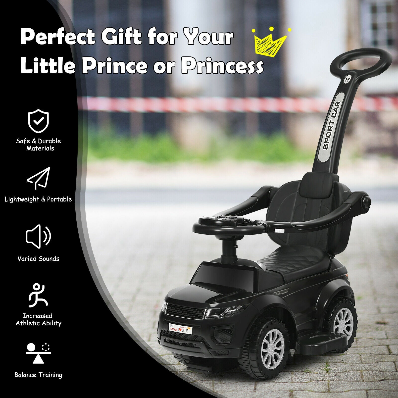 3 in 1 Ride on Push Car Toddler Stroller Sliding Car with Music-Black