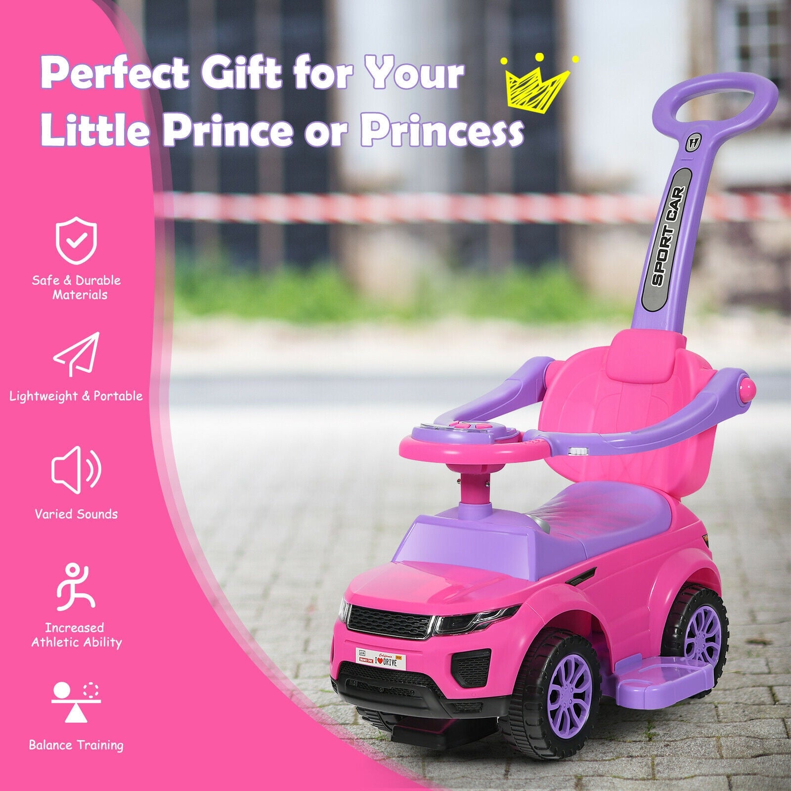 3 in 1 Ride on Push Car Toddler Stroller Sliding Car with Music-Pink