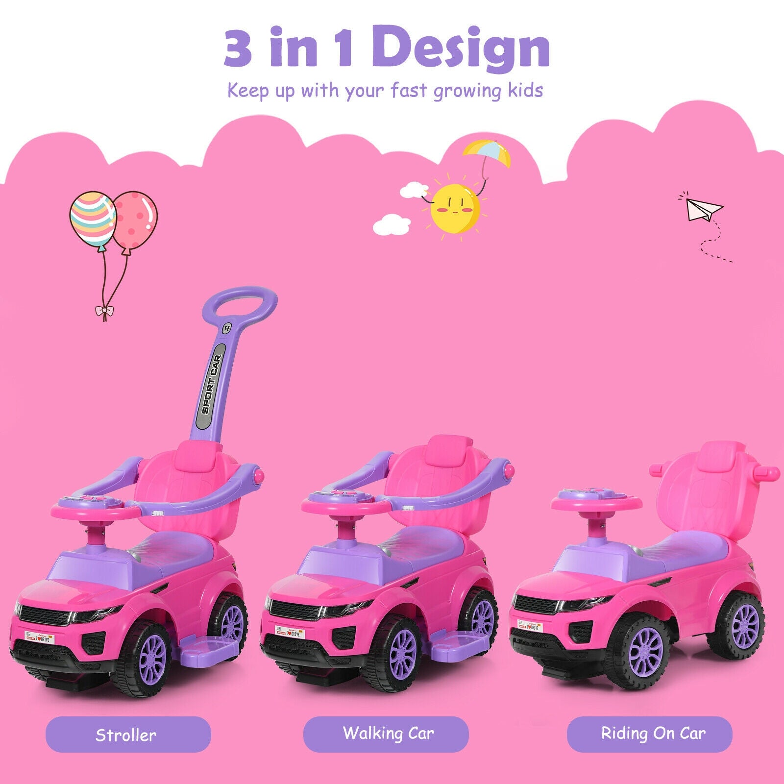 3 in 1 Ride on Push Car Toddler Stroller Sliding Car with Music-Pink