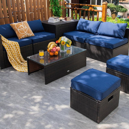 8 Pieces Patio Space-Saving Rattan Furniture Set with Storage Box and Waterproof Cover-Navy