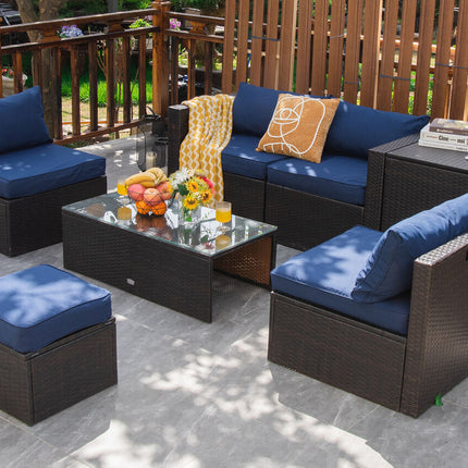 8 Pieces Patio Space-Saving Rattan Furniture Set with Storage Box and Waterproof Cover-Navy