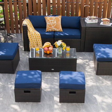 8 Pieces Patio Space-Saving Rattan Furniture Set with Storage Box and Waterproof Cover-Navy