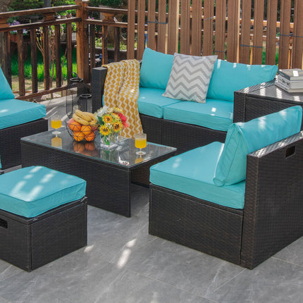 8 Pieces Patio Space-Saving Rattan Furniture Set with Storage Box and Waterproof Cover-Turquoise