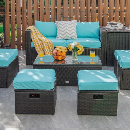 8 Pieces Patio Space-Saving Rattan Furniture Set with Storage Box and Waterproof Cover-Turquoise