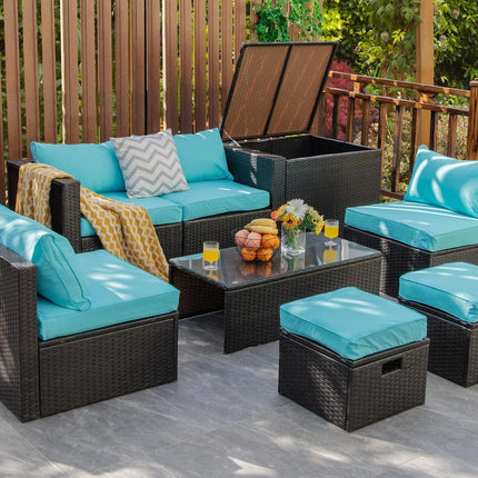 8 Pieces Patio Space-Saving Rattan Furniture Set with Storage Box and Waterproof Cover-Turquoise