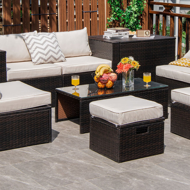 8 Pieces Patio Space-Saving Rattan Furniture Set with Storage Box and Waterproof Cover-White
