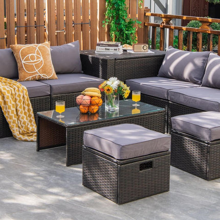 8 Pieces Patio Space-Saving Rattan Furniture Set with Storage Box and Waterproof Cover-Gray